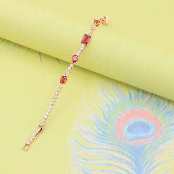 "Rose Gold Bracelet with Red Gem Accents and Round White Stones, XPBL0845 - Picture 7 of 13